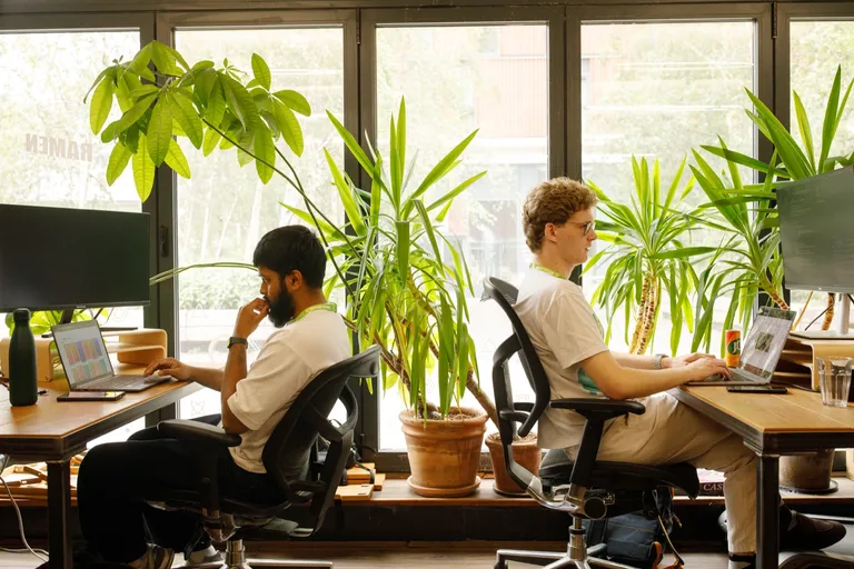 Window desks surrounded by plants at Ramen Space coworking in Dalston